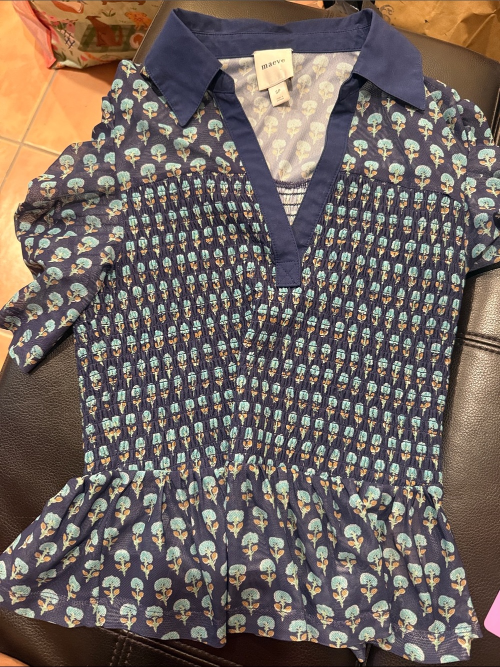 Maeve Navy Smocked Peplum Top with Tree Motif